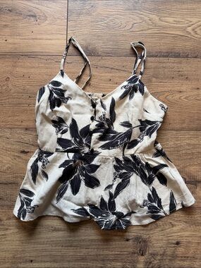 Floral Print Spaghetti Strap Peplum Top - Beige/Black